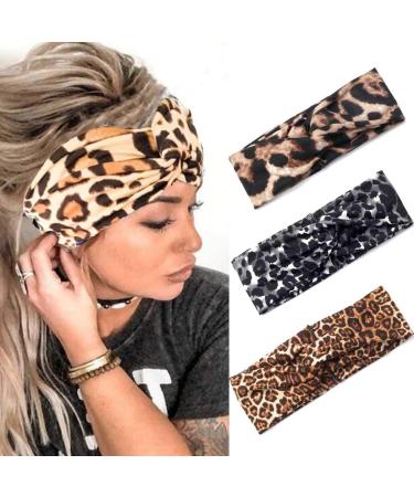 Fashband Boho Criss Cross Headbands Leopard Print Head Wraps Elastic Stretchy Hair Bands Yoga Outdoor Headwear Running Workout Headwear Head Scarfs Turban for Women Girls Pack of 3