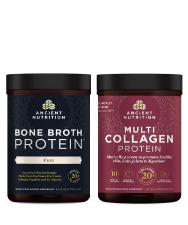 Ancient Nutrition Bone Broth Protein Powder Pure 20 Servings + Multi Collagen Protein Powder Unflavored 45 Servings