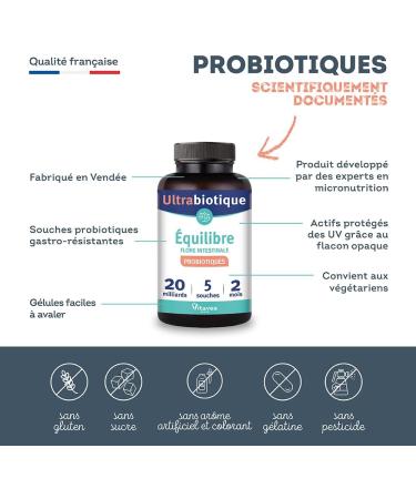 Vitavea Ultrabiotique - Probiotique Flore Intestinale Equilibre du Microbiote Digestion - Ferments Lactiques - Lactobacillus & Bifidobacterium - 5 souches - 60 g lules - 2 mois-Fabriqu en France 60 jours - Buy Online on GoSupps.com
