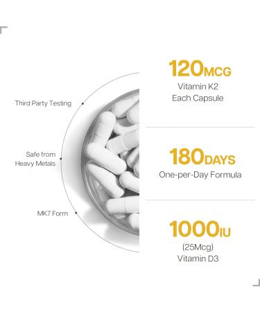 Just Glow Vitamin High-Potency K2 + D3 Supplement - 120mcg (MK-7) / 1000 IU - 180 Capsules - Helps Support Bones Teeth and Immune Function - Made In Canada - Buy Online on GoSupps.com