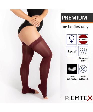 RIEMTEX PREMIUM Compression Stockings Class 2 CCL2 - 23-32 mmHg Open Toe Thigh Highs for Women & Men - Burgundy Size 6 - International Shipping Available - Buy Online on GoSupps.com