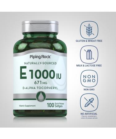 Piping Rock Vitamin E 1000 IU Softgel Capsules | 671mg | 100 Pills | D-Alpha Tocopheryl Supplement | Non-GMO Gluten Free - Buy Online on GoSupps.com