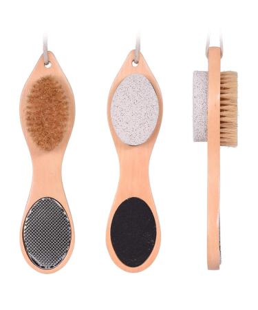 4-in-1 Pumice Stone Wooden Foot Scrub Brush Hard Skin Callus Removerwith Foot Care Bristle Brush Pumice Stone Mental Foot Rasp Sand Paper and Bamboo Handle