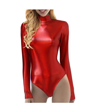 Women's laser metallic long -sleeved ballet dance jersey leotard shiny ballet tightening ballet body dance body lacquer leather bodysuit silver leggings ladies body yellow ladies jumpsuit ladies long colored red m