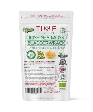 Organic Irish Sea Moss & Bladderwrack - 120 Capsules - Wild Harvested & Sun-Dried - Grown in Ireland - Pristine Atlantic Waters - 92 Essential Nutrients - Dr. Sebi - UK Made - GMP - No Additives 120 Count (Pack of 1)
