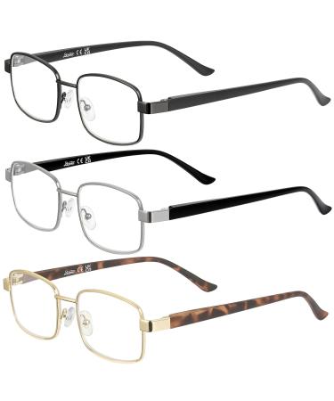 LADEESSE 3 Pack Reading Glasses Men/Women-Metal Blue Light Blocker Computer Readers Mens -Rectangle Thin Frame Springe Hinge A Gun+black+leopard 1.5 x