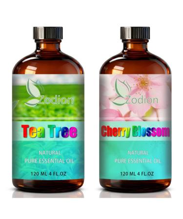 Cherry Blossom Essential Oil 4 Fl Oz and Tea Tree Essential Oil 4 Fl Oz - ZODION Cherry Blossom & Tea Tree Oil for Diffuser Aromatherapy Home Fragrance Skin & Hair Care DIY Candle & Soap Making