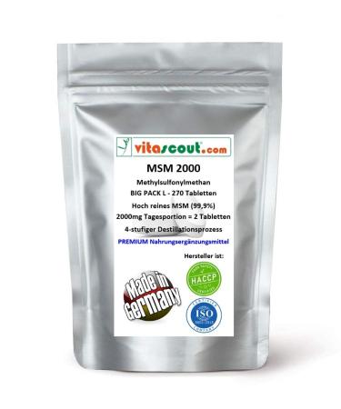MSM - Methylsulfonylmethan - 270 tablets - 2000mg daily portion ( 2 tablets) - 99.9% purity - laboratory testing - Made in Germany - high dose 270 pieces (1 Pack)
