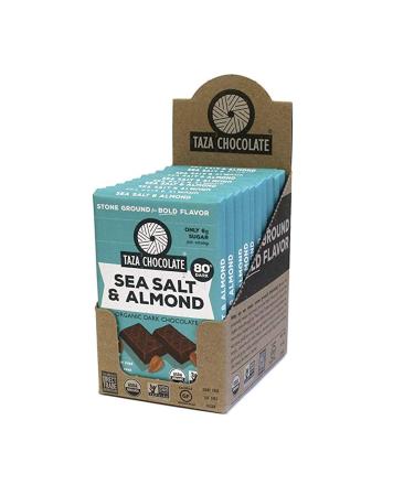 Taza Chocolate Organic Amaze Bar 80% Stone Ground, Sea Salt Almond, 2.5 Ounce (10 Count), Vegan Sea Salt & Almond 10 Count (Pack of 1)