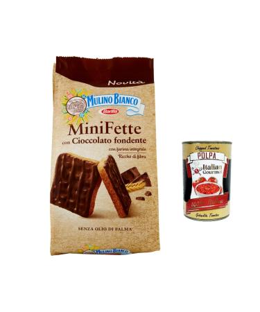 Mulino Bianco Pack of 12 mini integrali dark chocolate fats high in fiber wholemeal rusks without palm oil 110 g + Italian gourmet polpa 400 g
