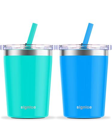 Signice Kids Cups with Straw Lid Upgraded Leak Proof 8.5 Oz Toddler Smoothie Cup Vacuum Insulated Stainless Steel Toddlers Cups Baby Child Tumbler BPA Free 2 Pack (Aqua & Blue) Aqua & Blue 2