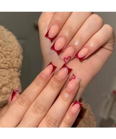 Justotry 24 pieces angular nails to stick briefly with hearts dark red french press on nails artificial nails fake nails beautiful square fingernails artificial nails for women red & heart 1