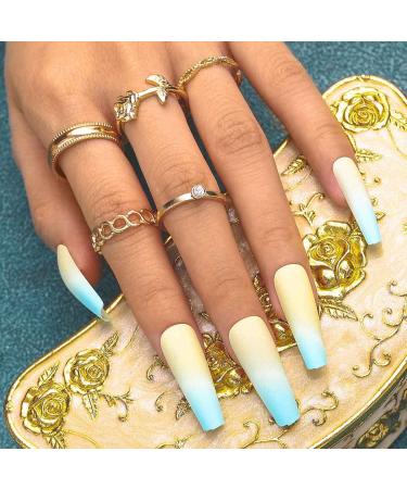 Sethexy Long Matte Ballerina False Nails - 24 Blue French Coffin Acrylic Tips with Glue for Women & Girls - Buy Online on GoSupps.com