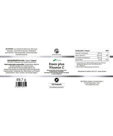 Qidosha Vegetable Iron Plus Vitamin C Capsules | 120 Vegan Capsules with Curry Blade Extract & Acerola Fruit Powder | Purely Plant-Based Iron Supplement - Buy Online on GoSupps.com