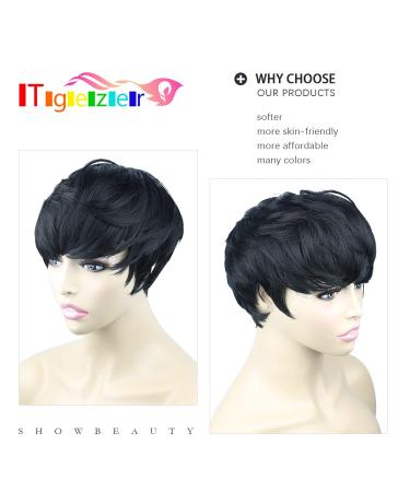 Short Hair Pixie Cut Wig with Bangs - Natural Black Women's Wig | Straight Layered Wavy Synthetic Full Machine Wig (1B# Black) - Buy Online on GoSupps.com