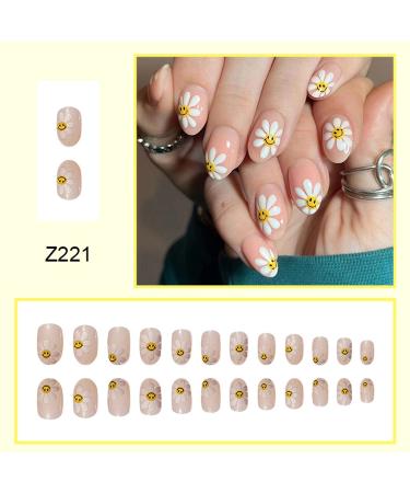 Flower Almond Short Press On Nails - 24PCS Nude Pink Full Cover False Nails with Glue - Summer Cute Designs for Women & Girls - Buy Online on GoSupps.com