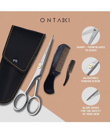 ONTAKI 5 Professional German Steel Beard & Mustache Scissors - Includes 2 Comb & Carrying Pouch - Hand Forged with Bevel Edge for Ultimate Grooming - Men's Facial Hair Kit (Silver) - Buy Online on GoSupps.com