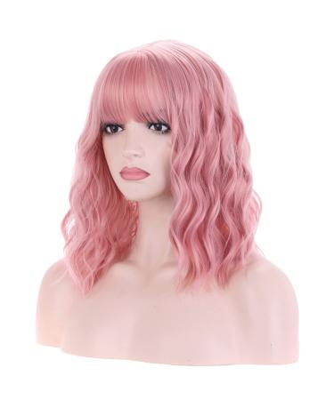 BERON 14 Inches Women Girls Short Curly Synthetic Wig with Bangs Lovely Pink Lovely Pink 14 Inch (Pack of 1)