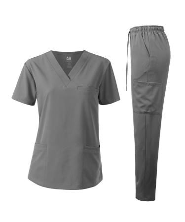 Dagacci Medical Uniform Unisex 4-Way Stretch Scrubs Set Medical Scrubs Top and Pants X-Large 4way Stretch - Pewter Gray