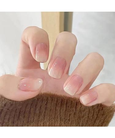 24pcs Square False Nails Short Stick on Nails Gradient Pink Press on Nails French False Nails Removable Glue-on Nails Fake Nails Acrylic Full Cover Nails Women Girls Nail Art Accessories 0215Y45