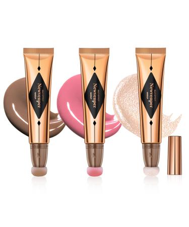 Contour Beauty Wand Liquid Highlighter Wand Blush Wand with Cushion Applicator Long Lasting Smooth Lightweight Fair Luminizer Contour+Pink Blush+Pearl White Highlight contour+highlight+blush 15 g (Pack of 3)