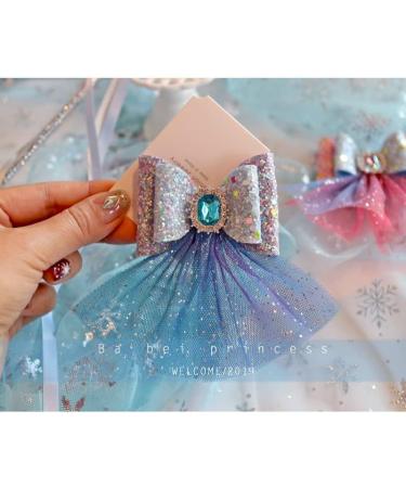 FASHION YO Elsa Princess Bow Sparkling Snow Diamond Fancy Costume Party Girls Kids Hair Clips Alligator Barrettes Accessories Bows Hairpins with Long Ribbon (Blue Diamond with Lace) - Buy Online on GoSupps.com