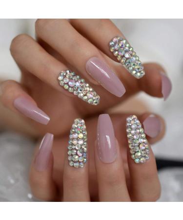 HUJL Artificial Nails Pink purple AB diamonds pressed on false nails Super Longcoffin ballerina flat shape pressed on nails