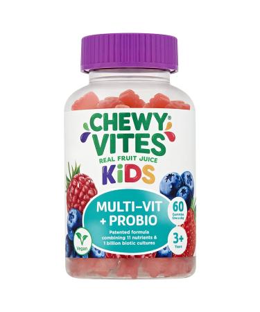Chewy Vites Kids | Multi-Vit & Probio 60 Gummy Vitamins | 11 Essential Nutrients| 1 Billion Cultures |2 Months Supply | Real Fruit Juice | Vegan | 3 Year+ 60 Count (Pack of 1) Kids Multi-Vit & Probio