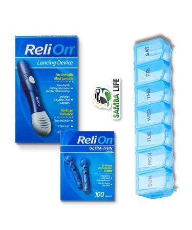Relion Lancing Device Bundled with ReliOn 30G Ultra Thin Lancets 100 ct and Pill Organizer by Samba Life