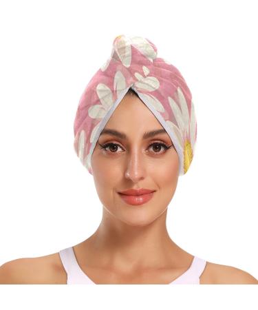 Pink Daisy Hair Towel 2 Pack Super Absorbent Hair Drying Towel Quick Dry Hair Turbans Head Towel with Button Twisty Wrap for Women Girls