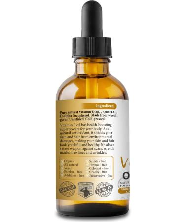 Organic 100% Pure Cold-Pressed 75,000 IU Vitamin E Oil | Bella Terra Oils 4oz | Natural Antioxidant for Skin, Hair, Nails, Stretch Marks & Scars - Buy Online on GoSupps.com