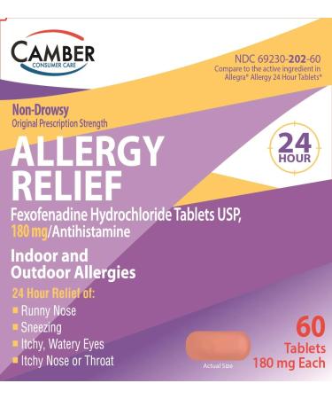 Camber Consumer Care Fexofenadine Hydrochloride 180mg Tablets 24 Hour Non Drowsy Allergy Medication (60 Count)