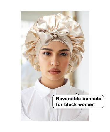 Satin Reversible Bonnet for Women - Coffee + Champagne Silk Hair Bonnet for Curly Hair - Double Layer Sleep Cap with Tie Band - Night Cap for Sleeping - Buy Online on GoSupps.com