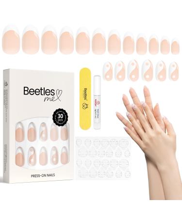 Beetles Press On Nails Short False Nails French Nails White False Nails 30PCS Full Cover Nude Fake Nails for Women Stick on Nails with Strong Nail Glue Nail Adhesive Tabs and Mini File for Women Girls