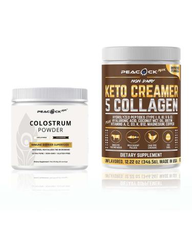 Peacock Max Colostrum + Collagen Keto Creamer Powder Bundle - Protein & Nutrient Blend with MCT Oil B12 & Magnesium Unflavored Keto-Friendly Supplements for Daily Wellness 12.2 oz & 60g
