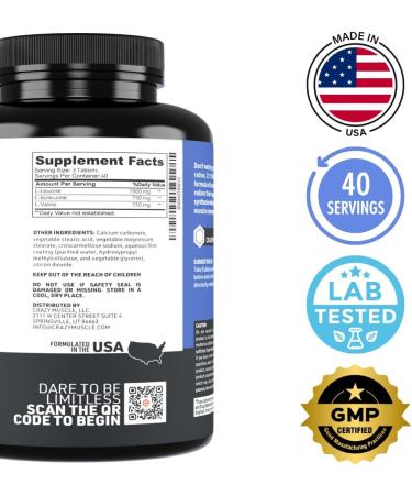 Crazy Muscle BCAA Pills with The Perfect 2:1:1 Ratio of Branched Chain Amino Acids Supplement 1000mg of BCAAs per Pill (Better Than Capsules) 120 Tablets - Buy Online on GoSupps.com