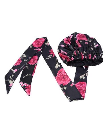 2 Layer Polyester Satin Bonnet Scarf/Sleep Cap/Head Wrap | Adjustable Hair Wraps for Sleeping | Braid/Natural Hair Black Flower