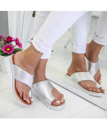 Comfortable Bunion Corrector Sandals for Women - PU Leather Flat Sole Plateau Sandals - Beach & Travel Footwear - Silver - Sizes 35-40 EU - Buy Online on GoSupps.com