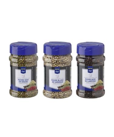 Set of 3 METRO CHEF Peppers: Malabar Green Pepper (55g) - Sarawak White Pepper (200g) - Vietnam Black Pepper (160g)
