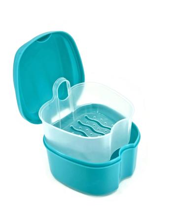 Genco Dental Denture Case, Denture Box with Strainer, Night Cleaner Denture Bath Box for Retainer, Mouthguard, False Teeth, and Denture Cleaning (Teal)