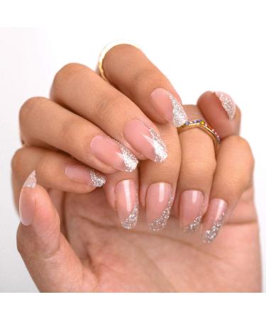 Sethexy shiny ballerina false nail Meidum sparkle bling coffin pink false fingernails 24st French acrylic art press nail tips for women and girls