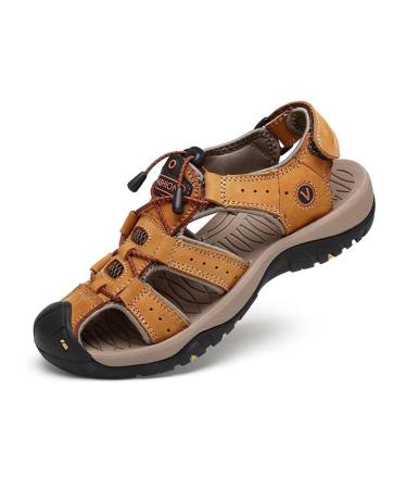 Cylldk sandals men leather beach hiking sandals trekkingandals outdoor shoes summer leisure shoes hiking shoes men sports outdoor water fisherman breathable sandals size 38-48 46 EU yellow