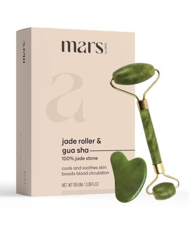 |ma.rs by GHC Jade Roller & Gua Sha Massager Combo Natural Jade Stone Improves Facial Micro Circulation Reduces Puffiness & Wrinkles.