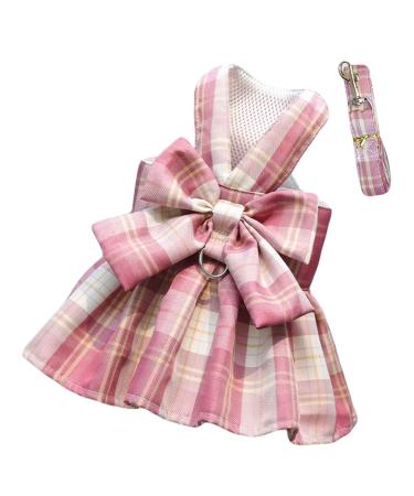 Oyccen Dog Grid Dress Harness and Leash Set Puppy Harness Bow Tie Princess Pet Clothes for Small Dogs Cats L Pink