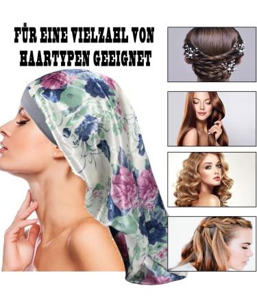 Ladaypoa 2-Piece Satin Sleep Cap for Curly Hair | Adjustable Double-Layer Silk Hood for Women - Black & Blue Flower Design - Buy Online on GoSupps.com