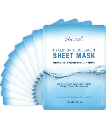 Ebanel 10 Pack Collagen Peptide Hydrating Face Masks, Instant Brightening Firming Anti Aging Face Sheet Masks, Moisturizing Spa Face Masks Skincare with Hyaluronic Acid, Vitamin C, Chamomile, Aloe 10 Count (Pack of 1)