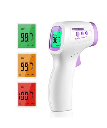 No-Touch Forehead Thermometer  Digital Thermometer with Fever Indicator  Baby and Adults Thermometer with Fever Alarm  Thermometer with 3-Color LCD Display & Memory Function  Rechargeable  for Family Purple