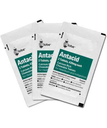 Globe Chewable Mint Antacid Tablets for Acid Indigestion Heartburn and Upset Stomach - 50 Packets of 2 Tablets Each 100 Count. Made in The USA - Buy Online on GoSupps.com
