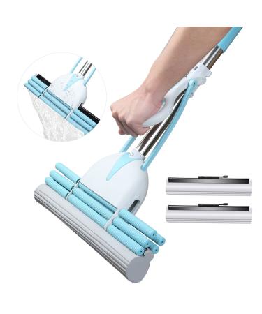 Wet and Dry Magic Sponge Mop with 2 PVA Sponge Heads and 128cm Stainless Steel Adjustable Handle Home Commercial Absorbent Mop with Wring Functional Floor Cleaning Sponge Mop