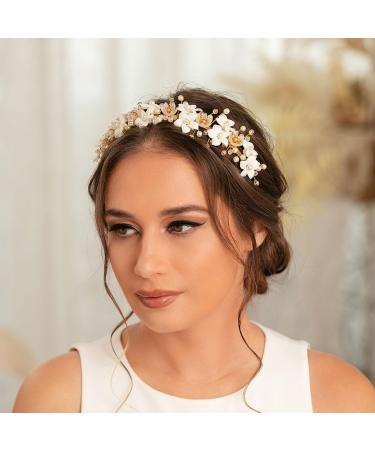 IYOU Bridal Wedding Headband Gold Flower Hair Bands Pearl Beads Headpiece Communion Bride Hair Accessories for Women - Buy Online on GoSupps.com